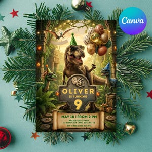 May include: A rectangular birthday invitation card featuring a T-Rex wearing sunglasses and a party hat, holding a bunch of balloons. Text reads: Oliver is turning 9, May 18 from 2 PM, Prehistoric Park, 12 Dinosaur Lane, Dallas, TX, RSVP to Maria at 555-987-6543.