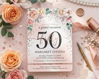 50th Birthday Invitation Floral Rose Gold Digital Download Editable Canva Template Elegant Party