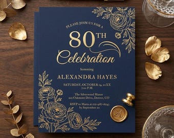 Editable 80th Birthday Invite Digital Download Navy Blue Gold Floral Editable Canva Template Printable, Fabulous 80 Invite