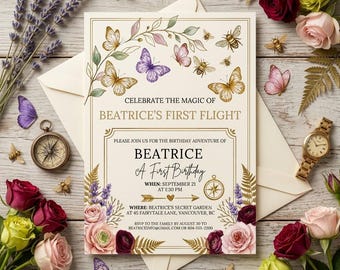 First Birthday Invitation Digital Download/Editable Canva Template/Butterfly Floral Birthday Invite/Printable 5x7 Invitation/Custom Birthday