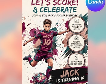 Soccer Birthday Invitation, Editable Canva Template, Boys Girls Party (Digital Template)