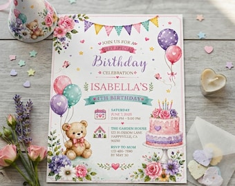Birthday Invitation Template/Editable Canva Template/Digital Download/4th Birthday Party Invitation/Teddy Bear Birthday Invite