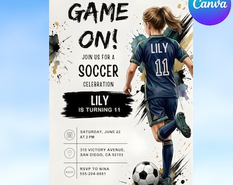 Soccer Girl Birthday Invitation It's Game Time Party Invite Lets Kick It, Editable Canva Template, Boys Girls Party