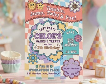 Modello di invito di compleanno per bambini modificabile/Invito per la festa del 7° compleanno/Download digitale su Canvas/Invito stampabile per la festa di ginnastica