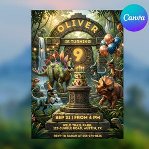 Puede incluir: Una invitación de cumpleaños con un arco de piedra con el texto OLIVER IS TURNING 9. Dinosaurios con gorros de fiesta rodean un pastel. El texto incluye SEP 21 | FROM 4 PM, WILD TRAIL PARK, 125 JUNGLE ROAD, AUSTIN, TX, y RSVP TO SARAH AT 555-274-8136.
