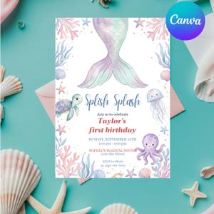 以下が含まれることがあります： 「Splish Splash」と「Taylor's first birthday」のテキストが入った人魚をテーマにした誕生日招待状。人魚の尾、海の生き物、パステルカラーがターコイズブルーの背景にデザインされています。 RSVP情報が含まれています。
