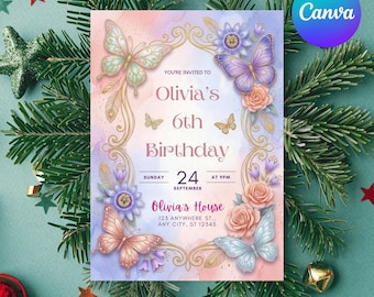 Butterfly 6th Birthday Invitation, Girl Butterfly Party, Purple Butterfly Birthday Invite, Girls Birthday Invite, Canva Template