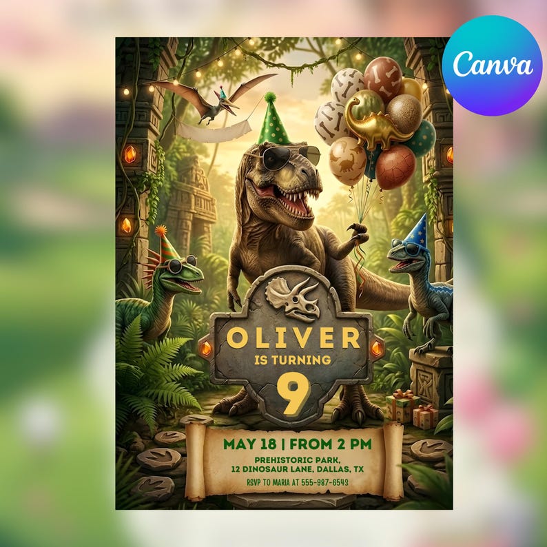 May include: A birthday invitation featuring a T-Rex wearing sunglasses and a green party hat, surrounded by other dinosaurs, balloons, and stone ruins. Text reads: OLIVER IS TURNING 9, MAY 18 | FROM 2 PM, PREHISTORIC PARK, 12 DINOSAUR LANE, DALLAS, TX, RSVP TO MARIA AT 555-987-6543.