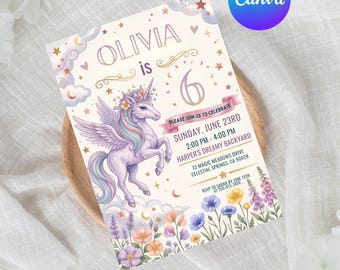 Invitación editable de cumpleaños de unicornio para 6 años. Fiesta de cumpleaños mágica de unicornio arcoíris pastel. Princesa unicornio de cuento de hadas caprichosa. Plantilla de Canva.