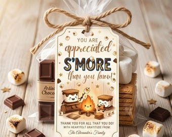 Plantilla editable de etiqueta de regalo para s'mores, etiqueta imprimible de agradecimiento para s'mores, etiqueta de agradecimiento para maestros y empleados, descarga digital.