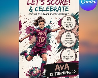 Soccer Girl Birthday Invitation It's Game Time Party Invite Lets Kick It, Editable Canva Template, Boys Girls Party