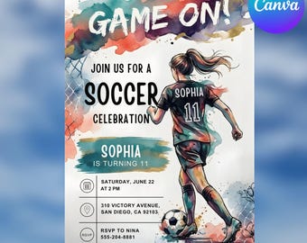 Soccer Girl Birthday Invitation It's Game Time Party Invite Lets Kick It, Editable Canva Template, Boys Girls Party