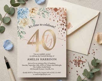 40th Birthday Invitation Editable Canva Template Digital Download Printable Party Invite Floral Gold