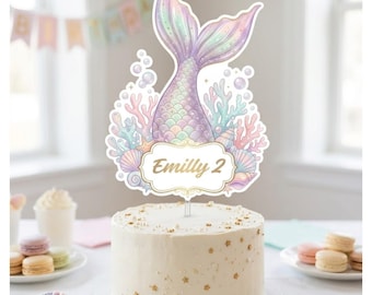 Adorno para pastel de sirena, adorno editable para pastel de cumpleaños de sirena en Canva, decoración imprimible para fiesta bajo el mar. Descarga digital para fiesta de cumpleaños de niña.