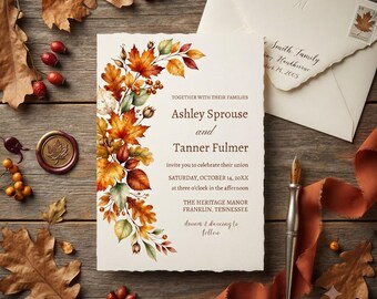 Fall Wedding Invitation Template Autumn Leaves Digital Download Editable Canva Template Printable 5x7