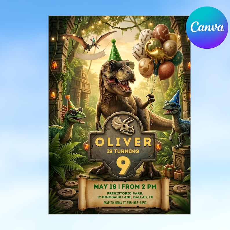 May include: A birthday invitation featuring a T-Rex wearing sunglasses and a party hat, holding balloons. Text reads: OLIVER IS TURNING 9, MAY 18 | FROM 2 PM, PREHISTORIC PARK, 12 DINOSAUR LANE, DALLAS, TX, RSVP TO MARIA AT 555-987-6543.