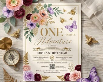 Floral First Birthday Invitation Digital Download Editable Floral Canva Template Printable One Year Party
