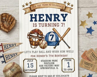 Baseball Birthday Invitation Template / 7th Birthday Party Invite / Editable Canva Digital Download / Sports Theme Invitation