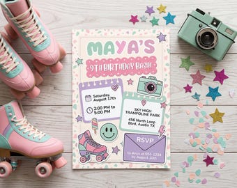 9th Birthday Invitation Digital Download Roller Skate Party Canva Template Editable Kids Birthday Bash
