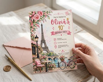 Paris Birthday Invitation Template/Editable Digital Download/Canva Invitation/Floral Pink Birthday Party Invite/Printable 5x7