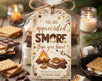 Plantilla editable de etiqueta de regalo para s'mores, etiqueta imprimible de agradecimiento para s'mores, etiqueta de agradecimiento para maestros y empleados, descarga digital.