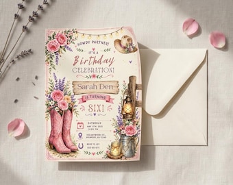 Cowgirl Birthday Invitation Editable Canva Template Digital Download Western Birthday Party Invitation Printable