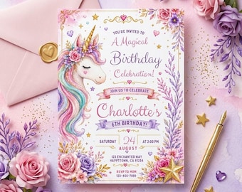 Magical Unicorn Birthday Invitation/Digital Download/Editable Canva Template/Kid's Birthday Party Invite/Printable Invitation