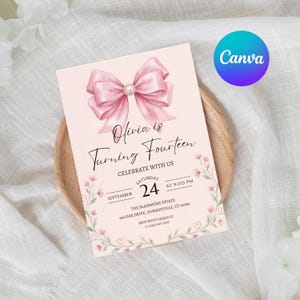 Faire-part d'anniversaire rose noeud coquette, Faire-part 16e anniversaire fille, invitation anniversaire ado, noeud de coquette, modèle de toile, téléchargement numérique