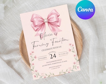 Invitación de cumpleaños con lazo rosa, invitación para el 16 cumpleaños de una chica, invitación de cumpleaños para adolescentes, lazo coqueto, plantilla de Canva, descarga digital.