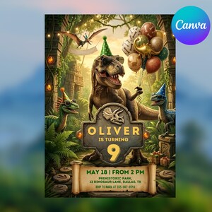May include: A birthday invitation featuring a T-Rex wearing sunglasses and a party hat, holding a bunch of balloons. Text reads: OLIVER IS TURNING 9, MAY 18 | FROM 2 PM, PREHISTORIC PARK, 12 DINOSAUR LANE, DALLAS, TX, RSVP TO MARIA AT 555-987-6543.