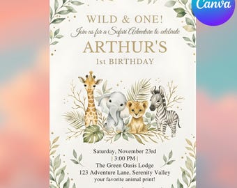 Invitación de cumpleaños de animales salvajes, invitación de cumpleaños de animales de la selva, cebra, jirafa, guepardo, tigre, fiesta de cumpleaños de animales, descarga digital