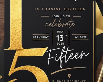 15th Birthday Invitation Editable Canva Template Digital Download Printable Black Gold Party Invite
