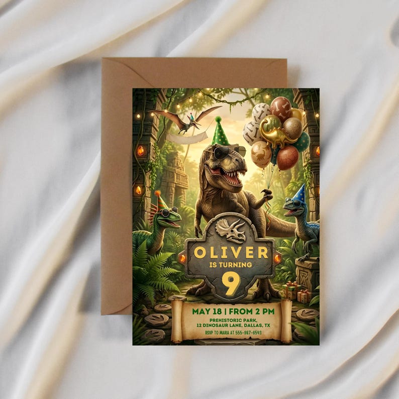 May include: A rectangular birthday invitation card featuring a T-Rex wearing sunglasses and a party hat, holding a bunch of balloons. The text reads: OLIVER IS TURNING 9, MAY 18 | FROM 2 PM, PREHISTORIC PARK, 12 DINOSAUR LANE, DALLAS, TX, RSVP TO MARIA AT 555-987-6543.