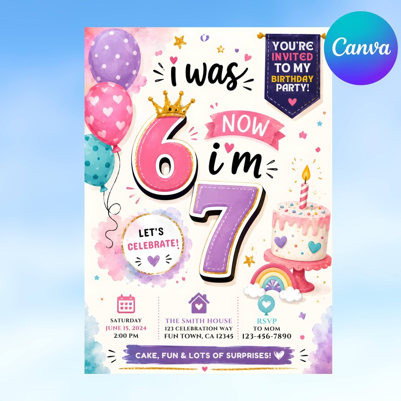 以下が含まれることがあります： I WAS 6 NOW I'M 7という文字、金の王冠をかぶった大きなピンクの数字の6、紫の数字の7、カラフルな風船、キャンドル付きのケーキ、虹、そして2024年6月15日午後2時開催のイベント詳細が記載された誕生日パーティーの招待状。