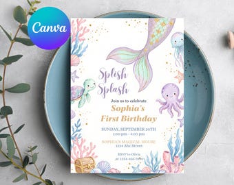 Plantilla de invitación de cumpleaños de sirena. Invitación editable de Canva con temática marina. Fiesta de cumpleaños de sirena para niña. (Descarga digital)