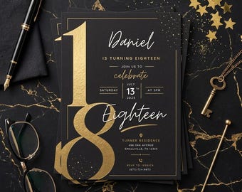 18th Birthday Invitation Editable Canva Template Digital Download Printable Black Gold Party Invite