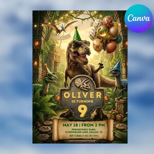 May include: A birthday invitation featuring a T-Rex wearing sunglasses and a party hat, holding a bunch of balloons. Text reads: OLIVER IS TURNING 9, MAY 18 | FROM 2 PM, PREHISTORIC PARK, 12 DINOSAUR LANE, DALLAS, TX, RSVP TO MARIA AT 555-987-6543.