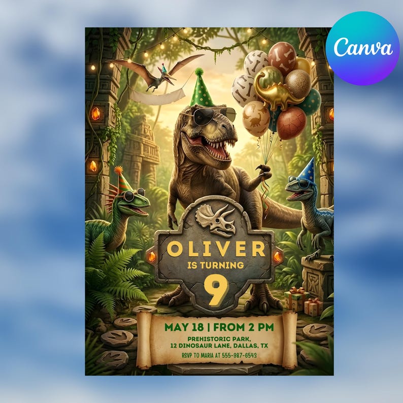 May include: A birthday invitation featuring a T-Rex wearing sunglasses and a party hat, holding a bunch of balloons. Text reads: OLIVER IS TURNING 9, MAY 18 | FROM 2 PM, PREHISTORIC PARK, 12 DINOSAUR LANE, DALLAS, TX, RSVP TO MARIA AT 555-987-6543.