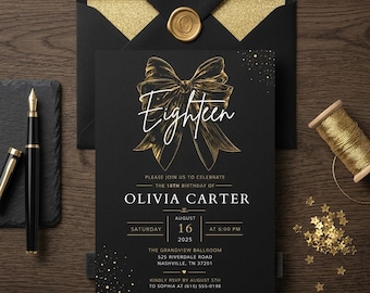 18th Birthday Invitation Template/Gold Bow Party Invite/Editable Canva Digital Download/Printable 5x7 Card