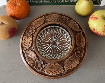 Stunning Vintage Carved Treen Wooden Butter Dish with glass insert - butter plate