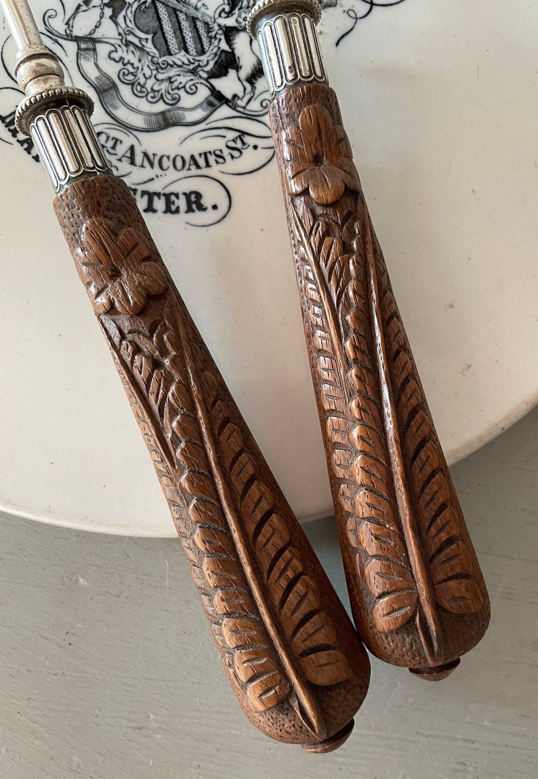Antique Carved Handle Mappin and Webb Salad Servers Fern Carved Oak ...