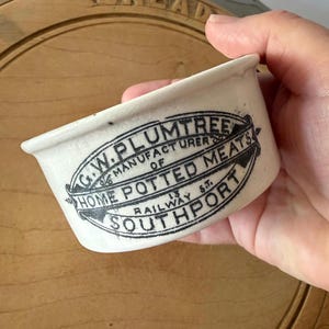 Antique G.W. Plumtree Southport Potted Meats Printed Stoneware Advertising Jar Old Ironstone Pot C1900