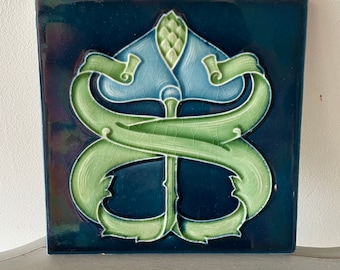 Rare Antique Art Nouveau majolica Tile c1905 - Peacock Blue - Maw & Co