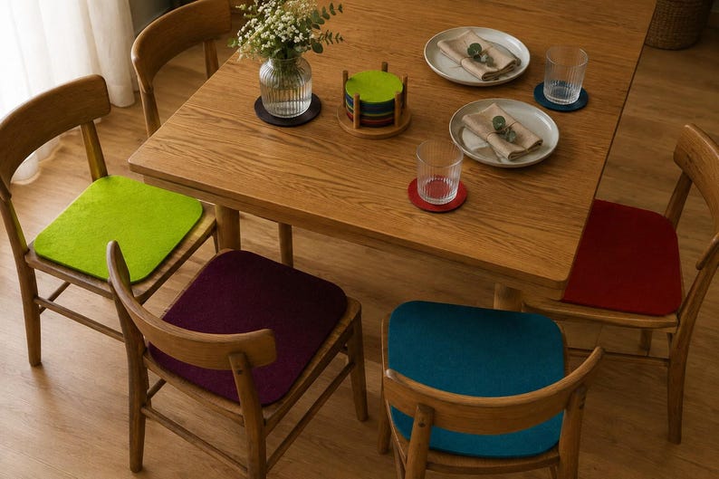 Puede incluir: Una mesa de comedor de madera con cuatro sillas, cada una con un coj&iacute;n de asiento cuadrado de fieltro en verde lima, morado oscuro, azul cerceta y rojo. La mesa tiene un florero de vidrio, un soporte para posavasos, dos platos y dos vasos.