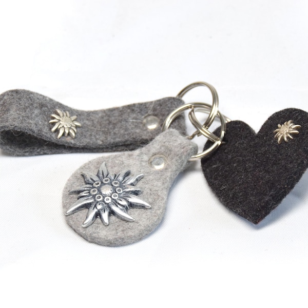 Porte-clés en feutre et cuir, avec teckel, cheval, edelweiss, cerf, sanglier, vache ou chat