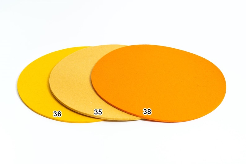 Puede incluir: Tres discos circulares y planos en tonos amarillo, naranja claro y naranja brillante. Cada disco presenta una peque&ntilde;a etiqueta num&eacute;rica blanca impresa en su superficie: el disco amarillo est&aacute; marcado con 36, el naranja claro con 35 y el naranja con 38.