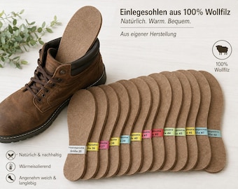 May include: A brown leather boot with a brown wool felt insole inserted, alongside a row of fourteen brown wool felt insoles arranged in ascending size order from 35 to 48, each featuring a coloured label indicating the specific shoe size.
