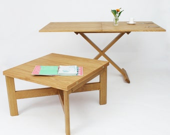 Mesa de centro de roble ecológica, hecha a mano, convertible en mesa de comedor extensible.