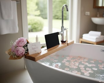 Bandeja de baño de roble con soporte para tableta y vino: regalo personalizado de bandeja de bañera de madera