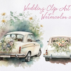 Clipart de jour de mariage, PNG juste marié, clipart de voiture florale, fabrication de cartes, téléchargement immédiat, conception de sublimation, planificateur de mariage